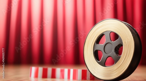 Classic film reel resting on a wooden floor in front of rich red curtains, evoking nostalgia for cinema and storytelling. photo