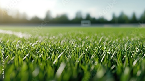 Close-up view of lush green grass on a soccer field during a sunny day, perfect for sports and nature themes. photo