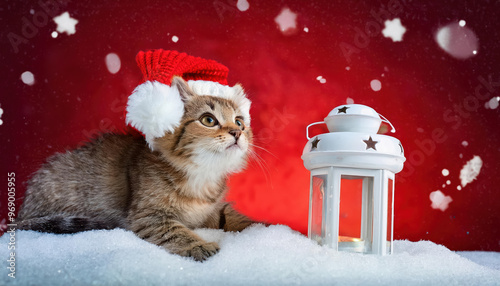 Cat portrait in red Christmas hat while kitten is looking up to the sky with white lantern in red background