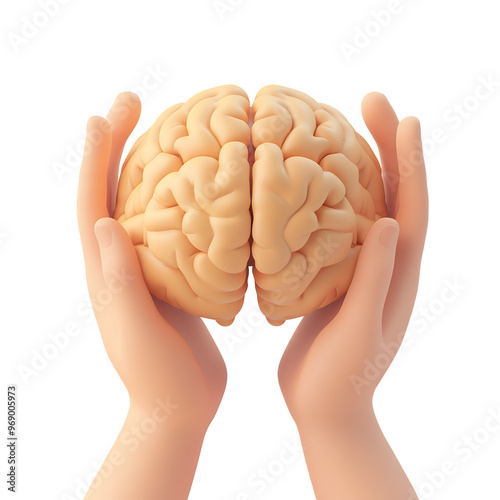 Two hands hold a large, realistic-looking brain in front of a white background.