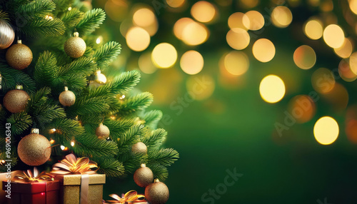Christmas background with Christmas pine tree on the side with bokeh light on the background and empty copy space for text.
