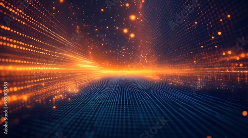 Abstract digital background with vibrant orange light trails and glowing particles, ideal for tech or futuristic designs. photo