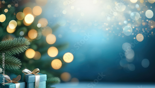 Christmas background with Christmas pine tree on the side with bokeh light on the background and empty copy space for text.