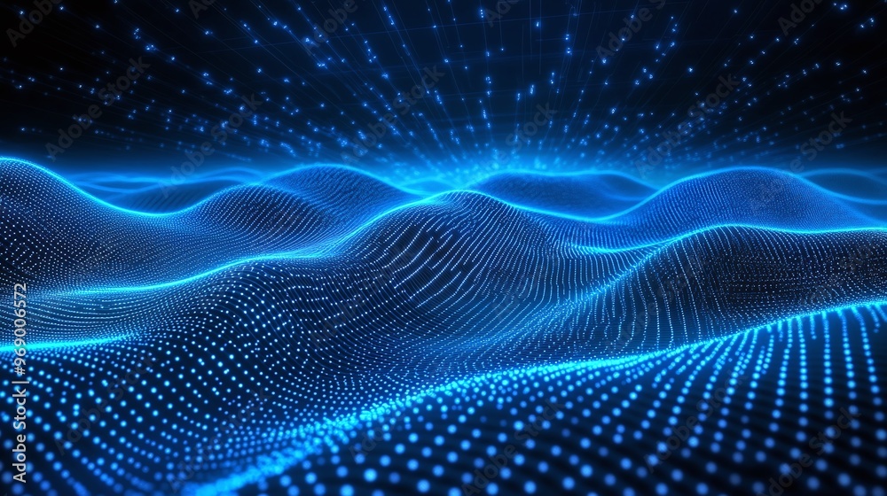 Abstract digital landscape featuring glowing blue waves and dotted patterns, creating a sense of depth and movement. Abstract digital landscape featuring glowing blue waves and dotted patterns, creating a sense of depth and movement.