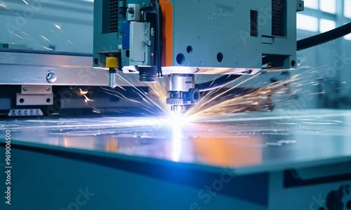  Laserowe cięcie metali w nowoczesnym zakładzie produkcyjnym w świetle dziennym.