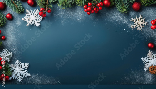 Christmas decoration border with spruce pine tree branches, red berries and snowflakes with empty copy space at center for text.