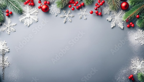 Christmas decoration border with spruce pine tree branches, red berries and snowflakes with empty copy space at center for text.