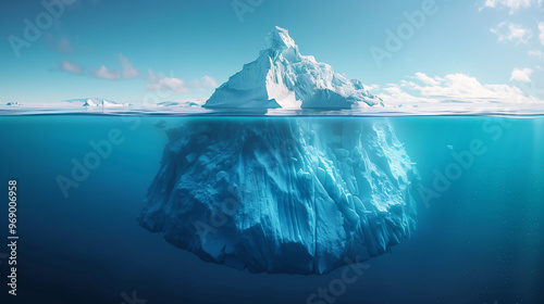 An iceberg in the sea seen at water level. 