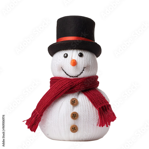 Christmas snowman with red scarf and black hat cutout from background in PNG.