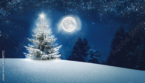 Pine spruce Christmas tree on snow slope with full moon in winter background and empty copy space for text.