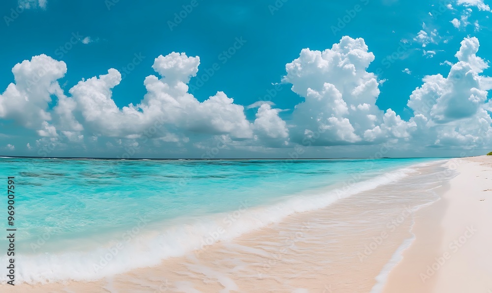 Serene tropical beach with clear blue sky fluffy clouds front view
Serene tropical beach with clear blue sky fluffy clouds front view