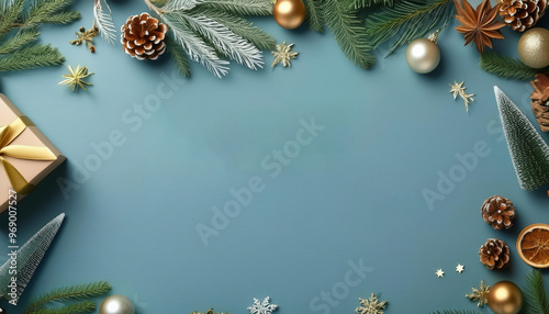 Christmas decoration border with spruce pine tree branches, red berries, golden Christmas ball ornament and gift box with empty copy space at center for text.
