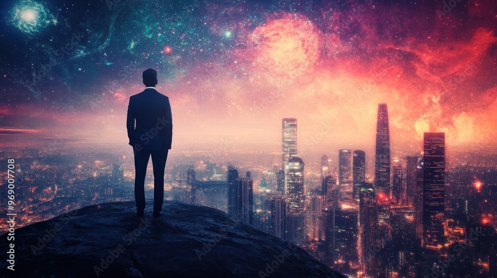 A lone figure overlooking a city skyline under a starry night sky