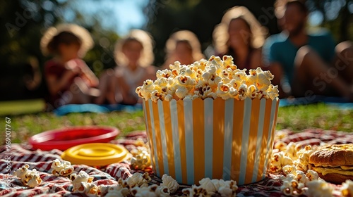 Fototapeta Naklejka Na Ścianę i Meble -  Popcorn bowl on picnic blanket with family during outdoor gathering