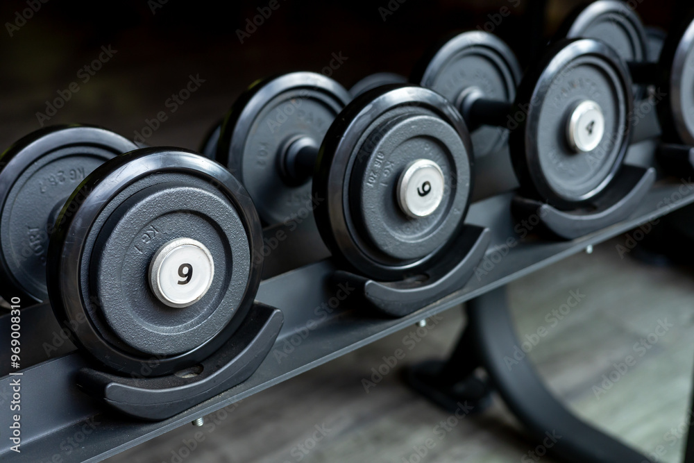 beautiful new black dumbbells lie on the rack in the gym, beautiful new black dumbbells lie on the rack in the gym,