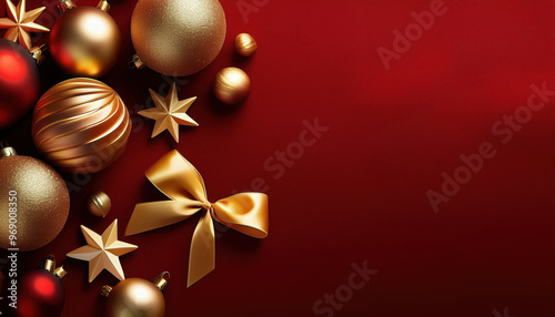 Elegant Christmas background decorate with spruce pine tree branches, bow and other Christmas ornament in red background.