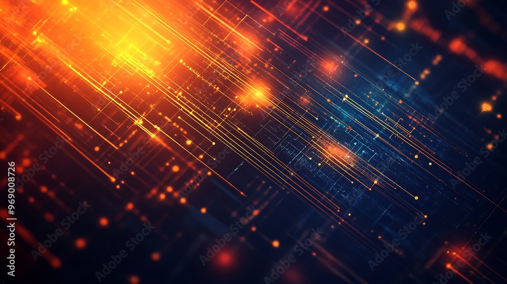 Abstract image of glowing lines and particles representing digital technology and innovation in vibrant colors. Abstract image of glowing lines and particles representing digital technology and innovation in vibrant colors.