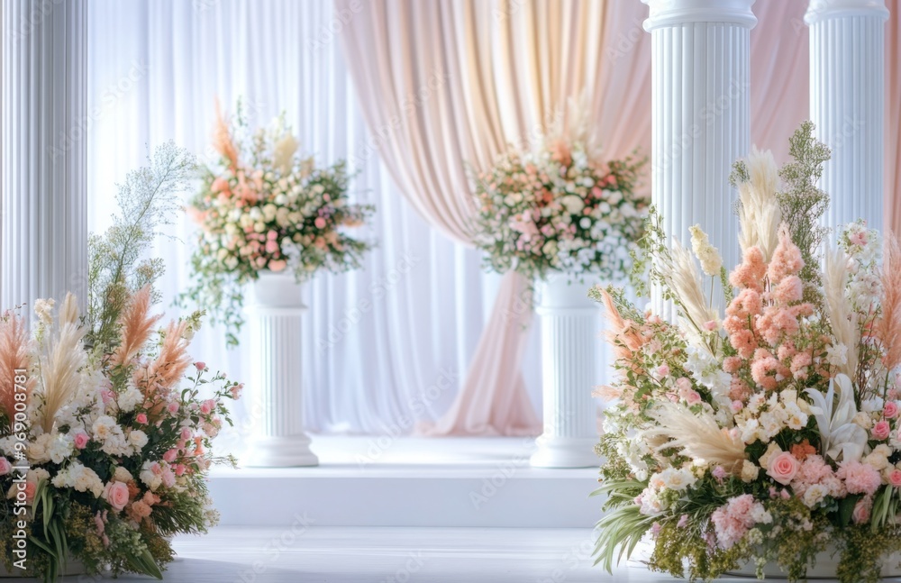 A beautifully decorated wedding altar with white pillars, lush floral arrangements, and soft drapes in the background, radiating a classic wedding feel A beautifully decorated wedding altar with white pillars, lush floral arrangements, and soft drapes in the background, radiating a classic wedding feel