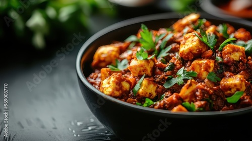 A bowl filled with sumptuous paneer curry garnished with fresh herbs, depicting the rich colors, textures, and aromatic flavors of traditional Indian cuisine in a mouth-watering presentation.