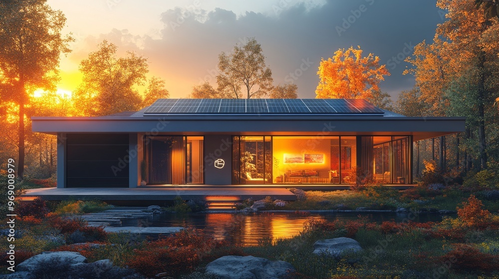 Fototapeta premium Futuristic AI-powered home energy management systems optimizing solar panels: A house where AI balances solar energy storage and usage based on real-time conditions.