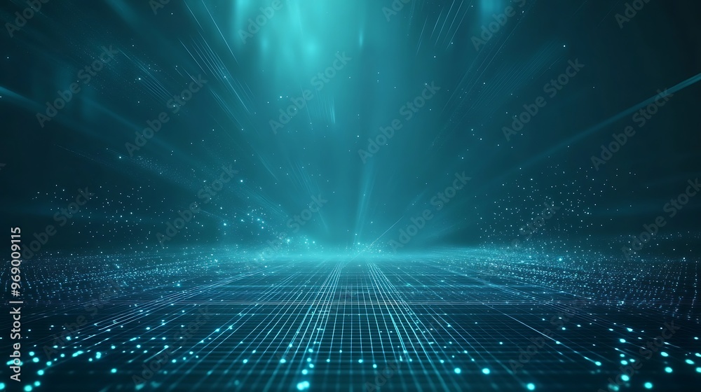 An abstract digital landscape featuring blue light rays, glowing particles, and a grid pattern, perfect for futuristic themes. An abstract digital landscape featuring blue light rays, glowing particles, and a grid pattern, perfect for futuristic themes.