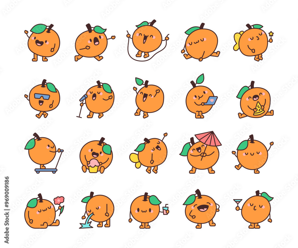 Obraz premium Funny orange character. Cheerful cartoon fruit. Hand drawn style. Vector drawing. Collection of design elements.