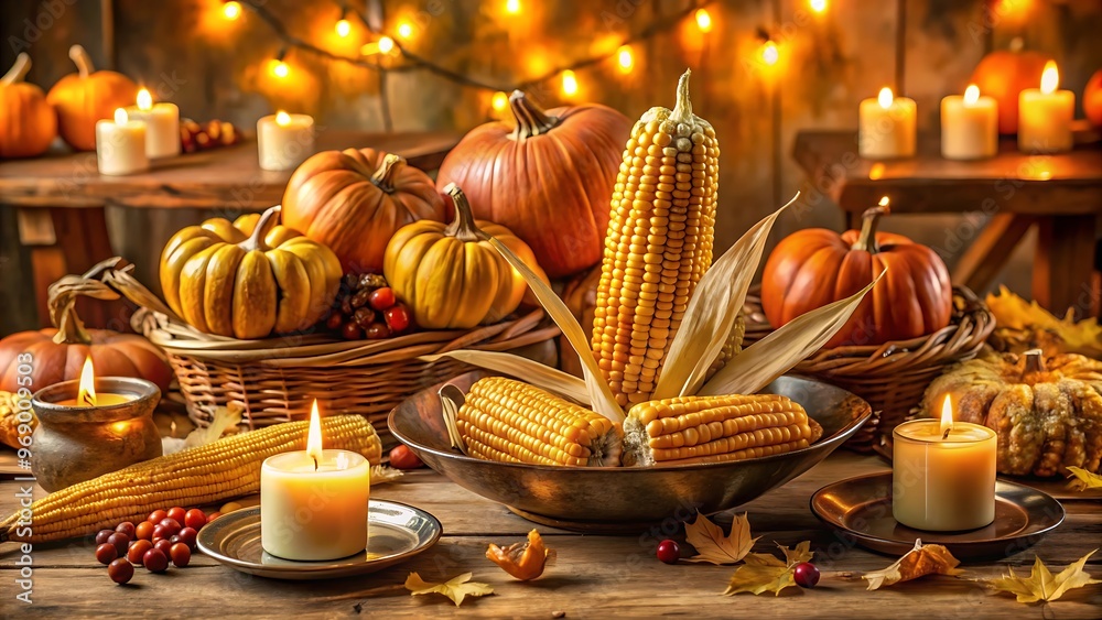 Thanksgiving dinner table setting featuring a beautifully arranged corn centerpiece. Thanksgiving dinner table setting featuring a beautifully arranged corn centerpiece.