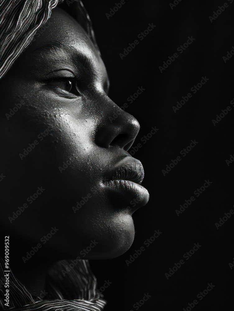 A close-up profile of a person in black and white, emphasizing texture and expression against a dark background. A close-up profile of a person in black and white, emphasizing texture and expression against a dark background.