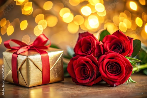 Elegant Valentine's Day gift wrapped in gold and red, with a bouquet of red roses beside it, set against a soft-focus background