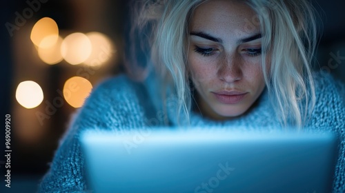 A captivating image of a woman intensely focused on her laptop, her face illuminated by a blue glow, highlighting her dedication and concentration in a serene setting.