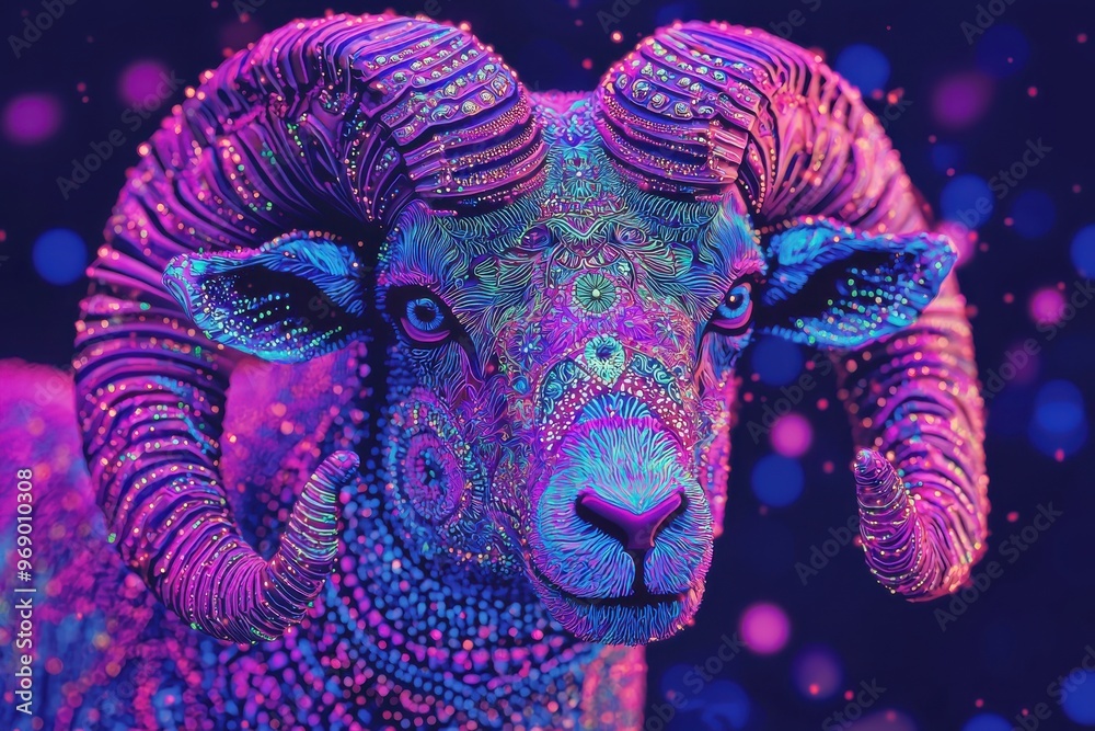 Obraz premium Colorful fantasy digital illustration of a ram with vibrant horns and abstract patterns