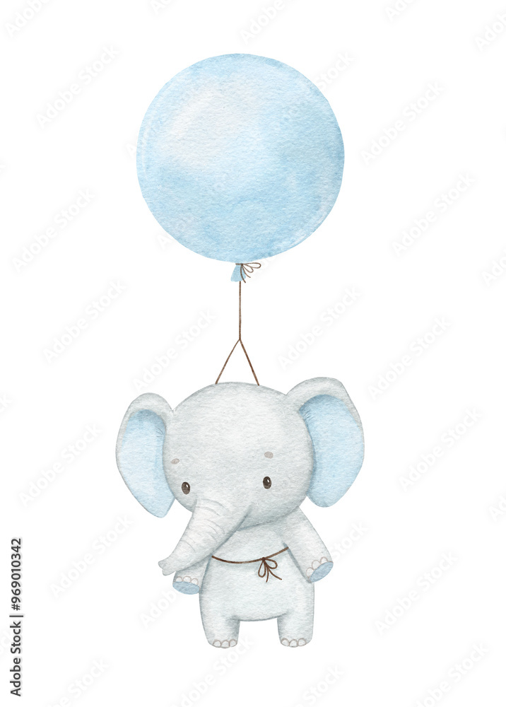 Cute baby elephant is flying with blue balloon. Watercolor animal isolated hand drawn illustration Cute baby elephant is flying with blue balloon. Watercolor animal isolated hand drawn illustration