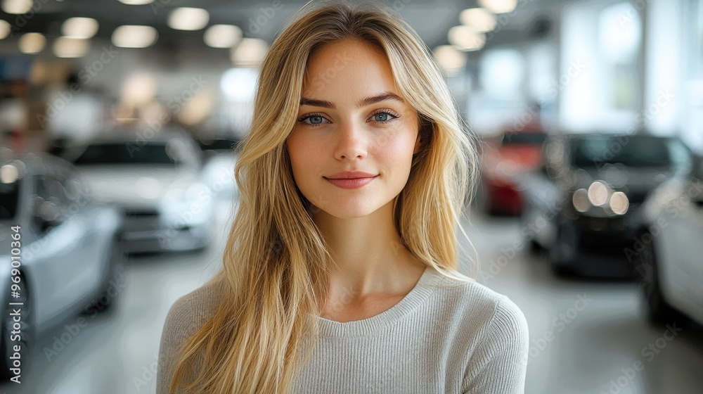 Car dealership, portrait a woman, smile and confidence an auto insurance agency. Transport, rental and happy sales consultant at motor showroom with digital app for online networking Car dealership, portrait a woman, smile and confidence an auto insurance agency. Transport, rental and happy sales consultant at motor showroom with digital app for online networking
