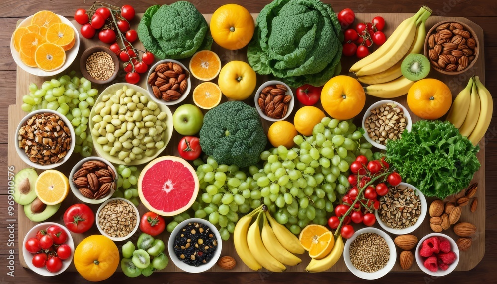 A vibrant top-down view of a diverse assortment of fresh fruits and vegetables, showcasing their rich colors and textures. The array includes oranges, grapes, broccoli, and more, perfect for promoting