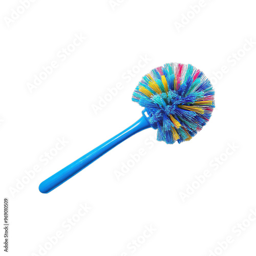 Blue Plastic Toilet Brush with Multi-Colored Bristles on PNG Background – Household Cleaning Tool for Bathroom Hygiene photo