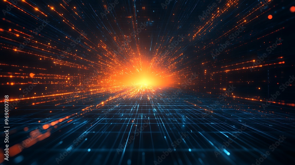 Naklejka premium Dynamic abstract digital background showcasing vibrant light trails and a glowing explosion, perfect for technology and space themes.