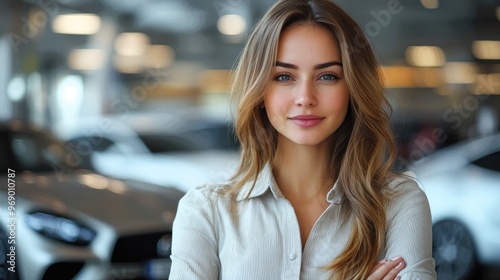 Car dealership, portrait a woman, smile and confidence an auto insurance agency. Transport, rental and happy sales consultant at motor showroom with digital app for online networking