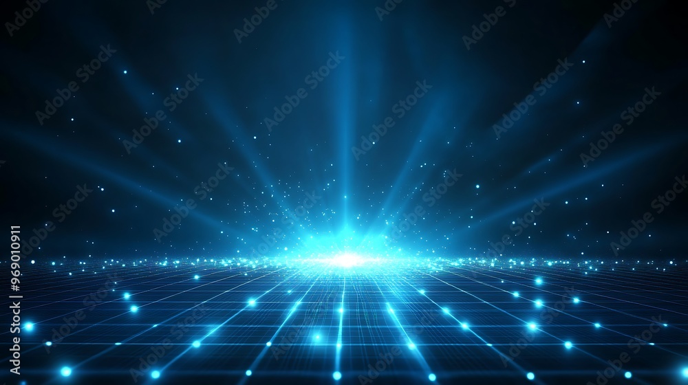 Dynamic blue backdrop with radiant light beams and glowing grid, perfect for tech, futuristic, or digital themes. Dynamic blue backdrop with radiant light beams and glowing grid, perfect for tech, futuristic, or digital themes.