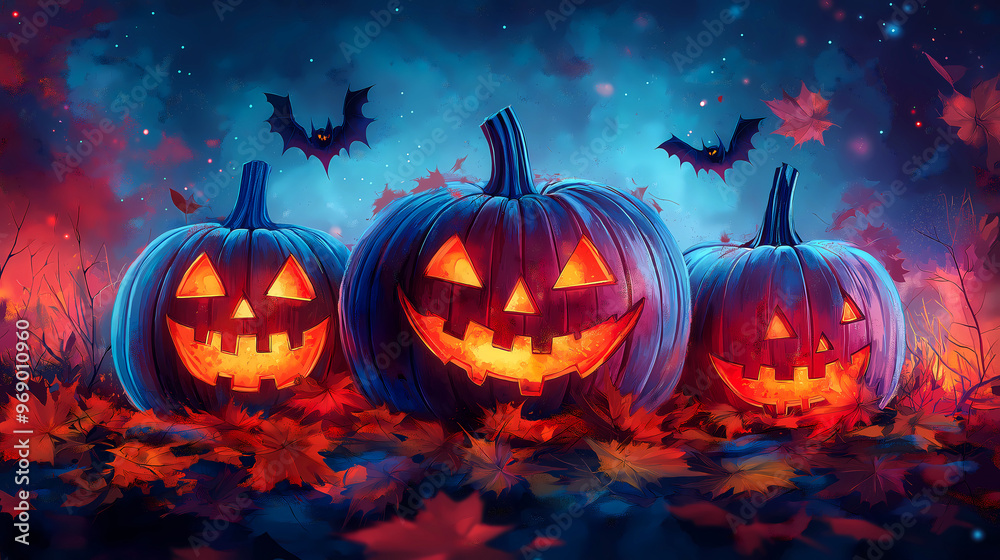 halloween pumpkins and bat in the night, cursed or haunted background, autumn wallpaper halloween pumpkins and bat in the night, cursed or haunted background, autumn wallpaper