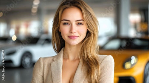 Car dealership  portrait a woman  smile and confidence an auto insurance agency. Transport  rental and happy sales consultant at motor showroom with digital app for online networking