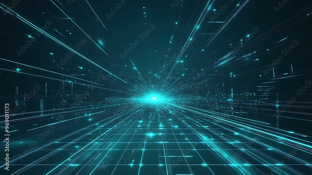 Dynamic blue-green lines create a futuristic perspective, illustrating movement through a digital space filled with light and energy. Dynamic blue-green lines create a futuristic perspective, illustrating movement through a digital space filled with light and energy.