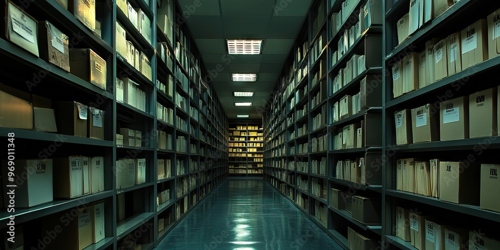 FBI's Vault: A secured area lined with floor-to-ceiling shelves filled with classified files and evidence storage.