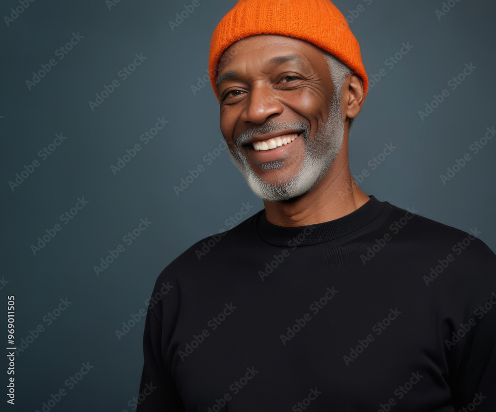 Portrait of mature cheerful african american man in orange knitted hat