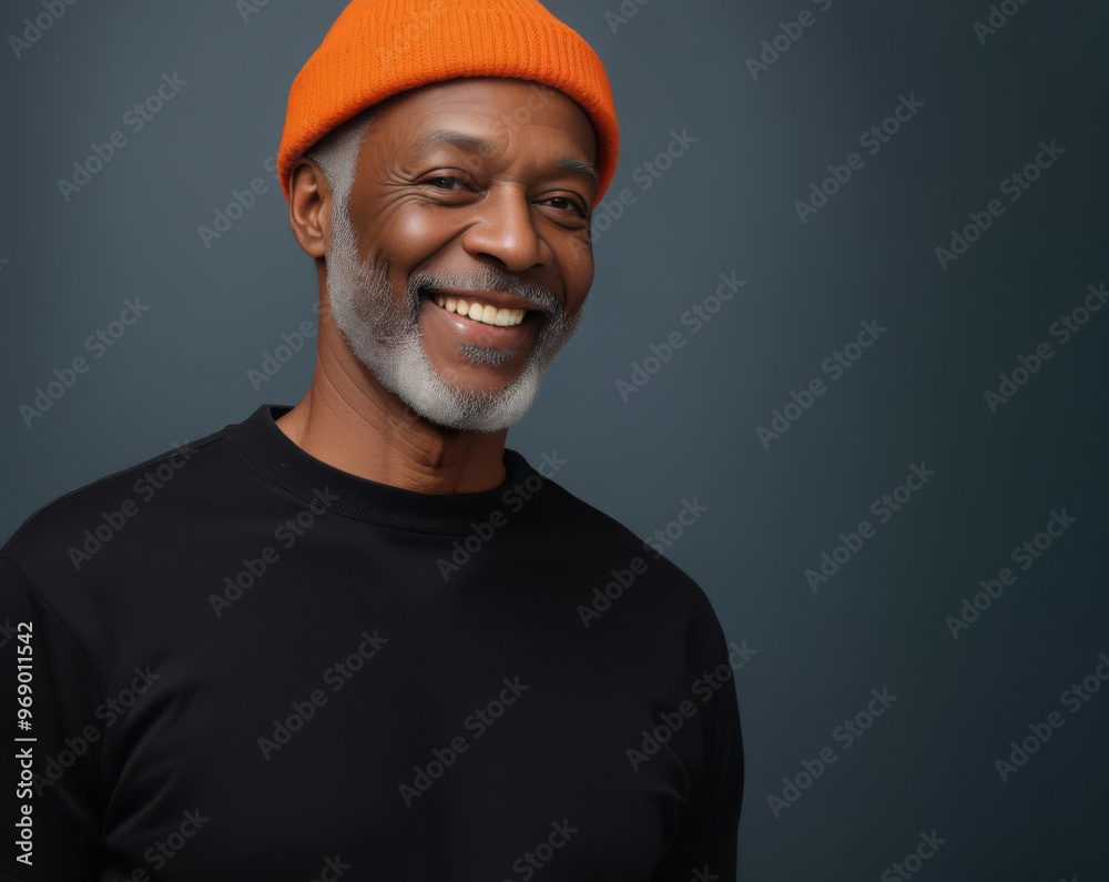 Portrait of mature cheerful african american man in orange knitted hat