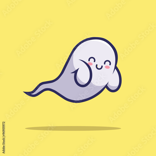 Cute cartoon ghost with a happy smile and blushing cheeks, floating on a yellow background. Playful and friendly design with soft, rounded shape and small curled arms.