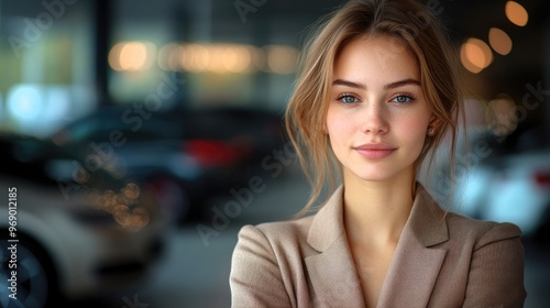 Car dealership, portrait a woman, smile and confidence an auto insurance agency. Transport, rental and happy sales consultant at motor showroom with digital app for online networking