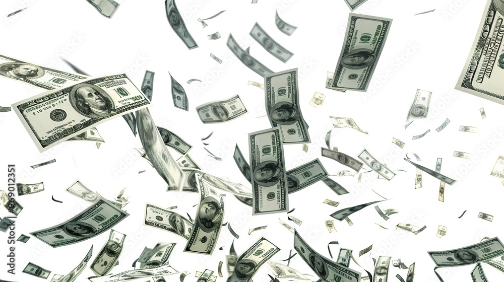 Detailed hundred-dollar bills flying in the air with realistic texture on a pure white background. Detailed hundred-dollar bills flying in the air with realistic texture on a pure white background.