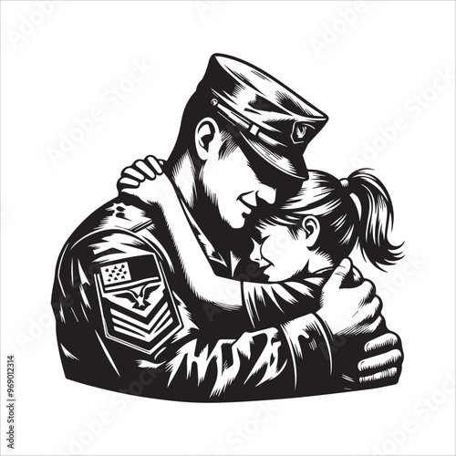 Affectionate military reunion between father and daughter vector illustration silhouette