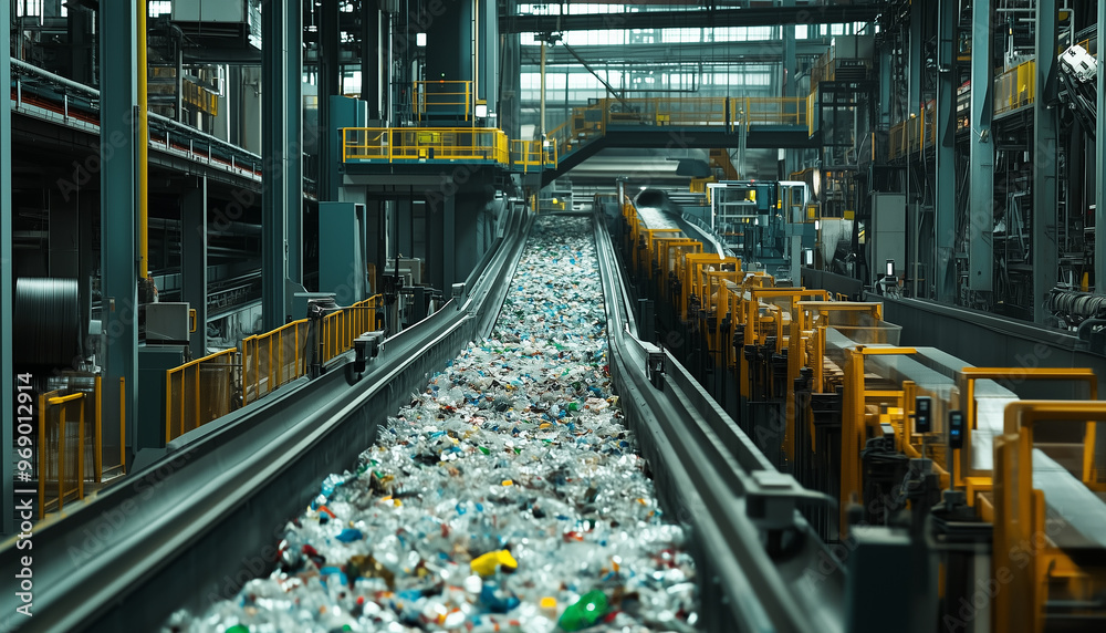 A production line at a recycling plant where a number of conveyors moving different materials such as paper, plastic and glass A production line at a recycling plant where a number of conveyors moving different materials such as paper, plastic and glass
