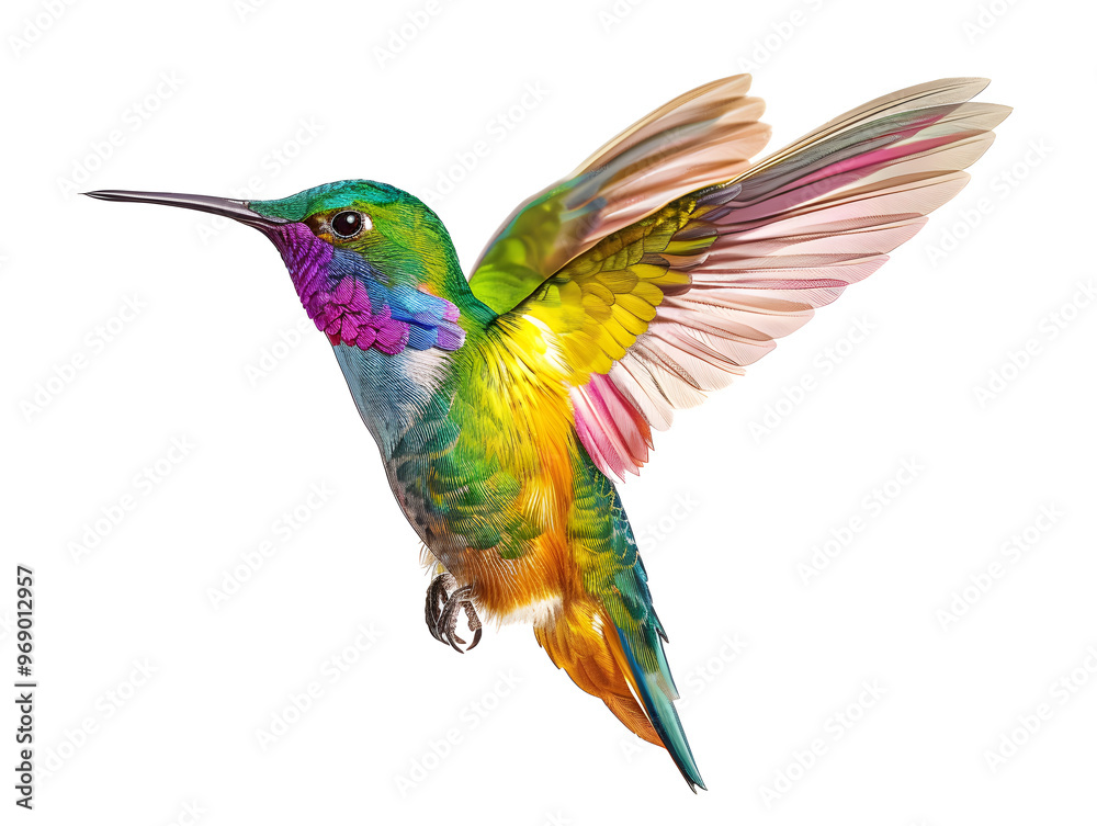 Fototapeta premium Beautiful bright colorful hummingbird in flight. Neural network AI generated art